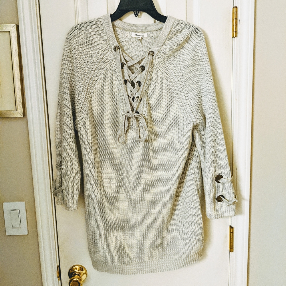 Miracle USA Lace-Up Front GRAY Sweater
